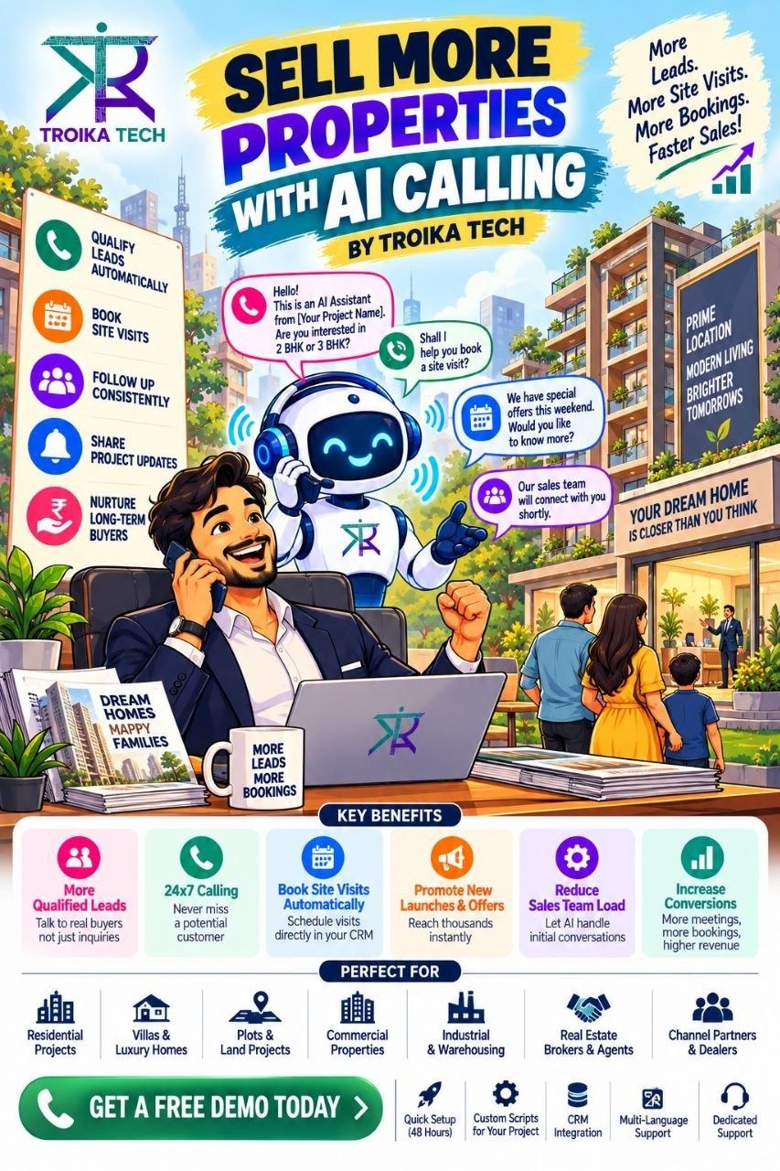 Sell more properties with AI calling by Troika Tech: qualify leads automatically, book site visits, follow up consistently, share project updates and nurture long-term buyers