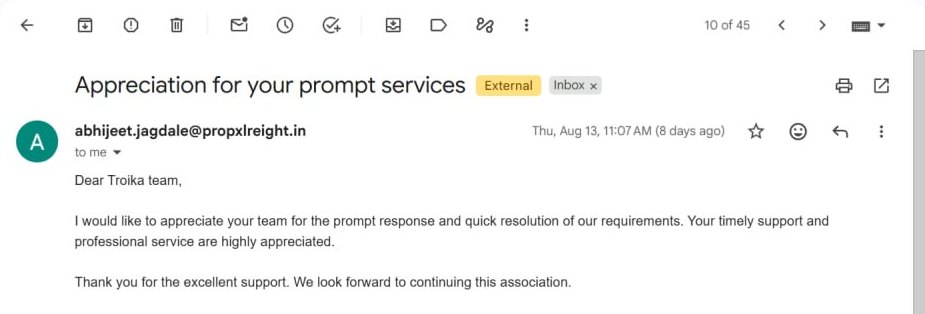 Email from Abhijeet Jagdale of Kribaga Realty Pvt. Ltd. about Troika Tech AI calling