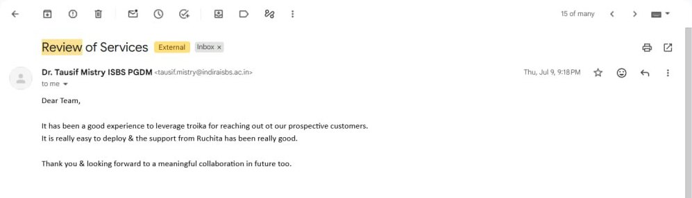 Email from Dr. Tausif Mistry of Indira University about Troika Tech AI calling