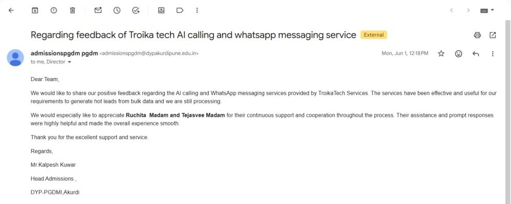Email from Kalpesh Kuwar of DYP-PGDMI, Akurdi about Troika Tech AI calling