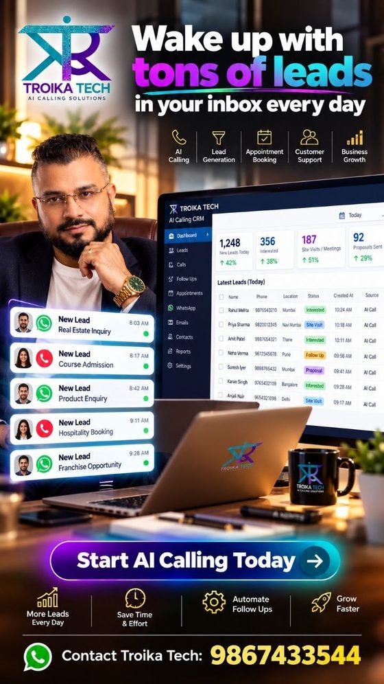 Troika Tech AI calling: new admission and course enquiry leads arriving in a CRM dashboard through the day