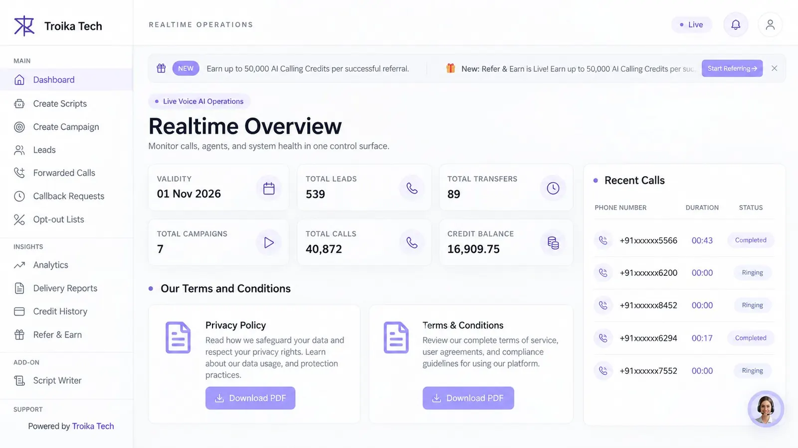 Troika AI Calling dashboard - realtime overview